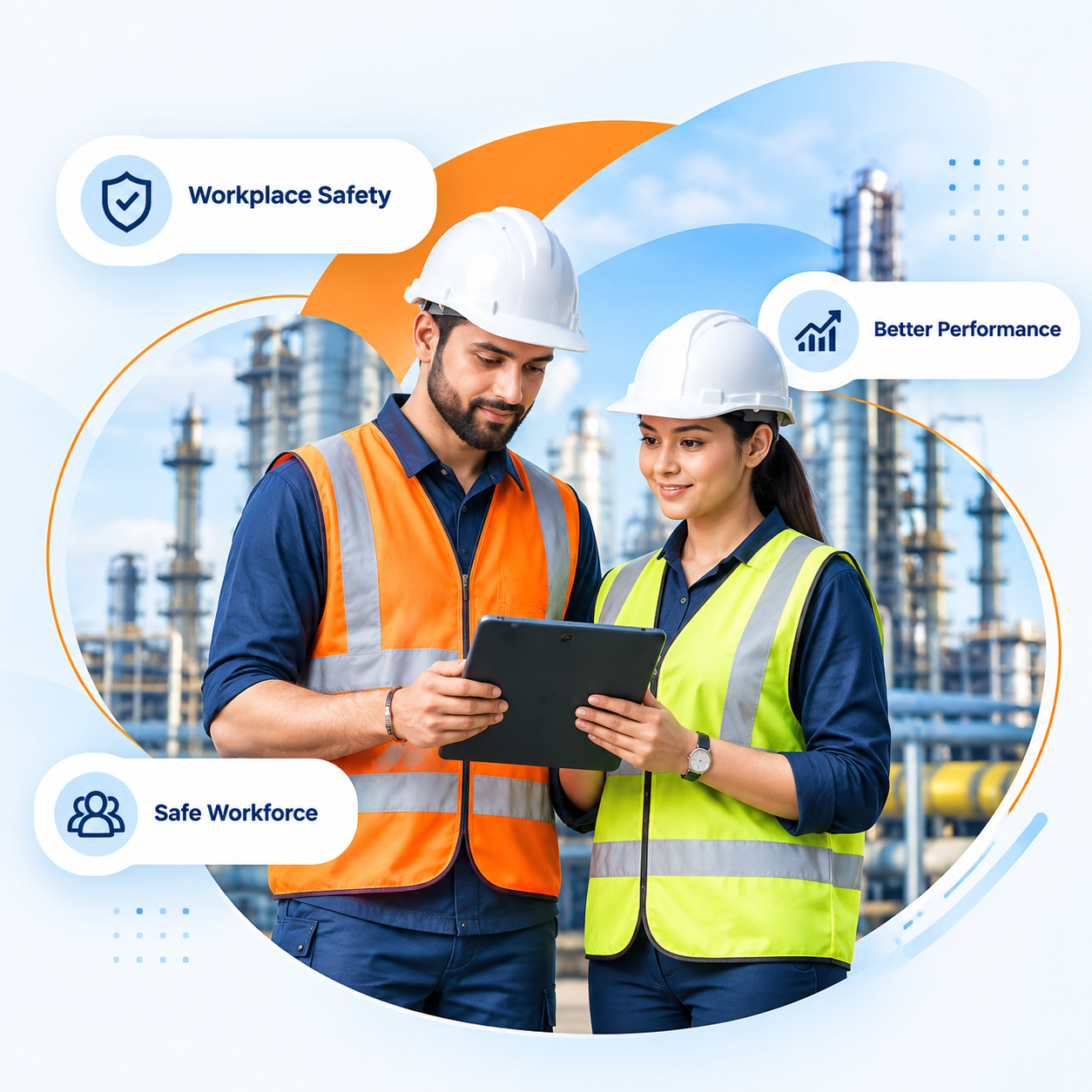 Two safety professionals in PPE reviewing a tablet — Workplace Safety, Safe Workforce, Better Performance